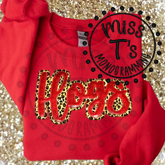 RTS: --SMALL-RED--- HOGS TEAM SPIRIT HAND LETTERED DOUBLE APPLIQUE SWEATSHIRTS