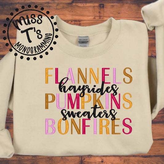 FLANNELS, PUMPKINS AND BONFIRES EMBROIDERED SWEATSHIRT