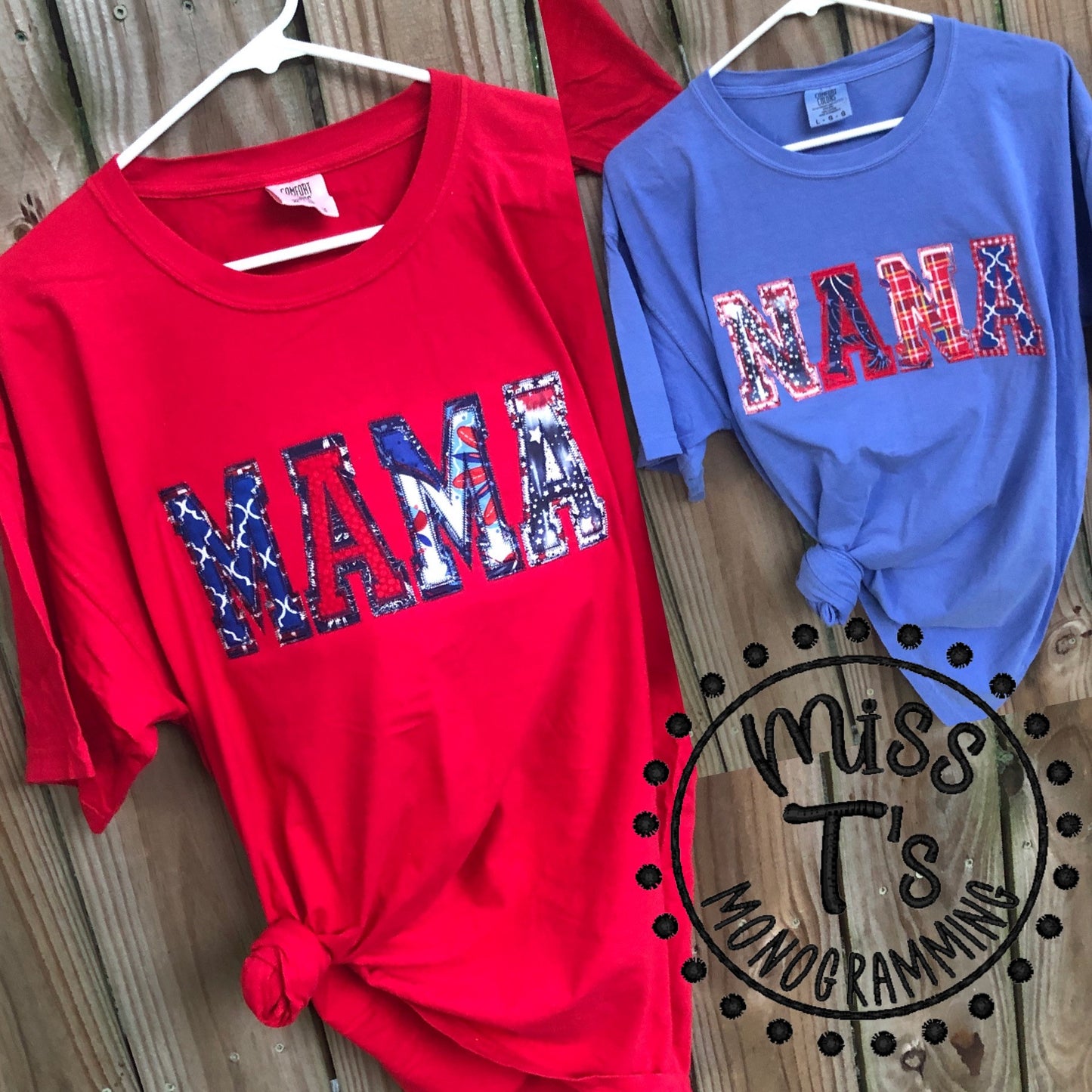 PATRIOTIC COMFY CUSTOM NAME ZIG ZAG STITCH APPLIQUE TSHIRT