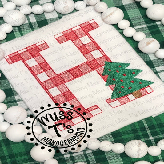 GINGHAM SKETCH LETTER WITH CHRISTMAS TREE LONGSLEEVE TSHIRTS